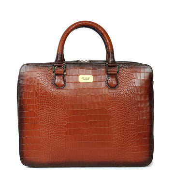 Tan Office Briefcase with Organizer Compartment in Deep Cut Croco Leather