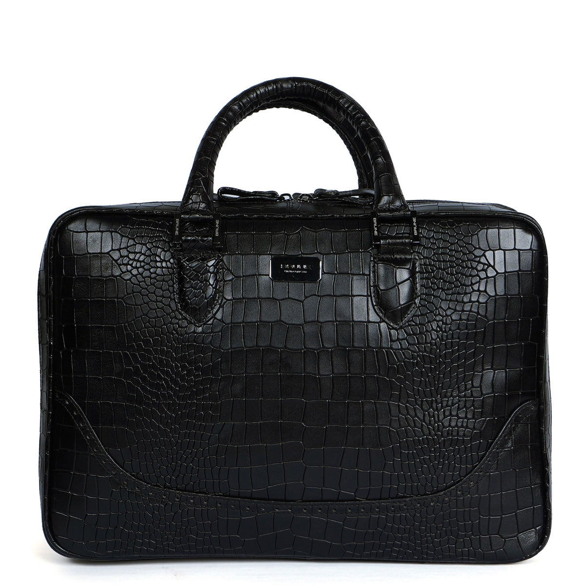Brogue Detailing Laptop Office Briefcase in Black Croco Textured Leather