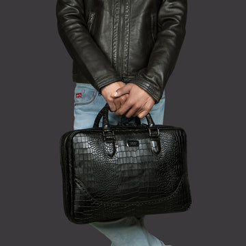 Brogue Detailing Laptop Office Briefcase in Black Croco Textured Leather