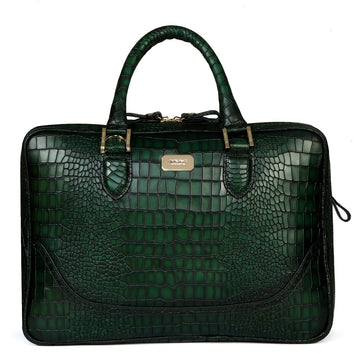 Smokey Finish Laptop Briefcase in Green Brogue Detailing Croco Textured Leather