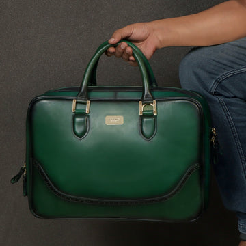 Green Leather Laptop Office Briefcase With Brogue Detailing