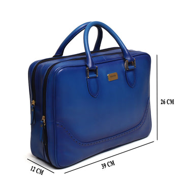 Blue Leather Laptop/Office Briefcase With Extra Compartment & Brogue Detailing
