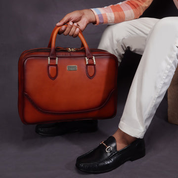 Leather Laptop/Office Tan Briefcase With Brogue Detailing
