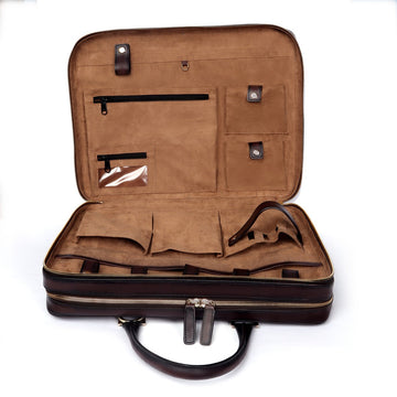 Dark Brown Leather Embossed Lion Laptop Office Briefcase with Organizer Compartment by Brune & Bareskin