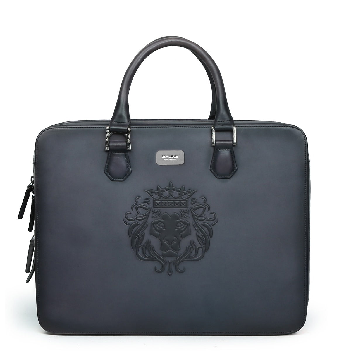 Grey Leather Embossed Lion Laptop Briefcase with Organizer Compartment by Brune & Bareskin