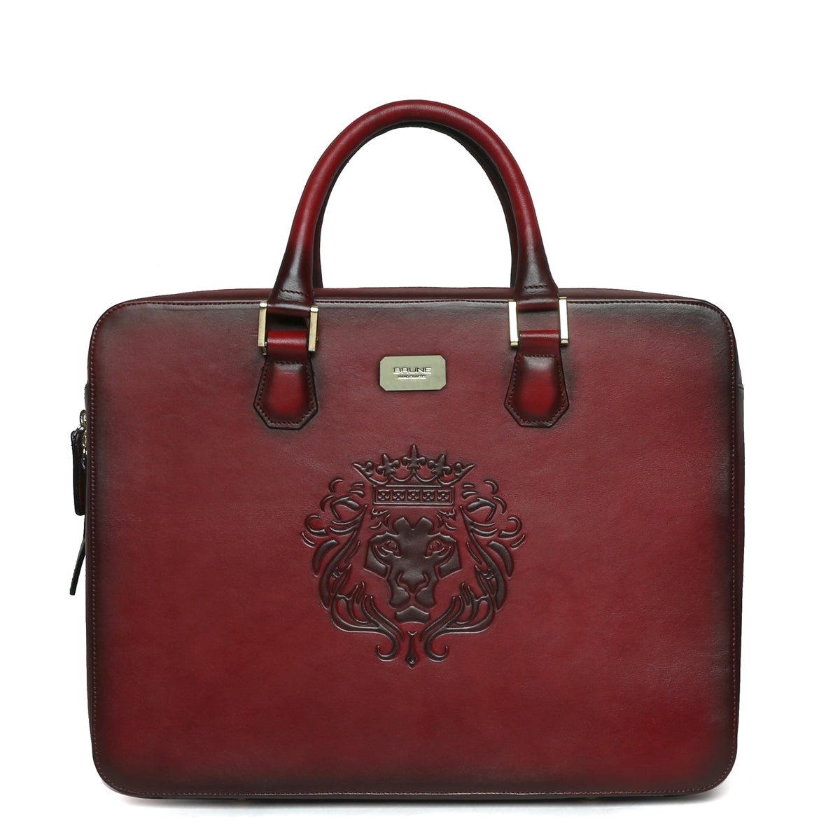 Wine Leather Embossed Lion Laptop Briefcase with Organizer Compartment by Brune & Bareskin