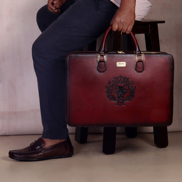Wine Leather Embossed Lion Laptop Briefcase with Organizer Compartment by Brune & Bareskin