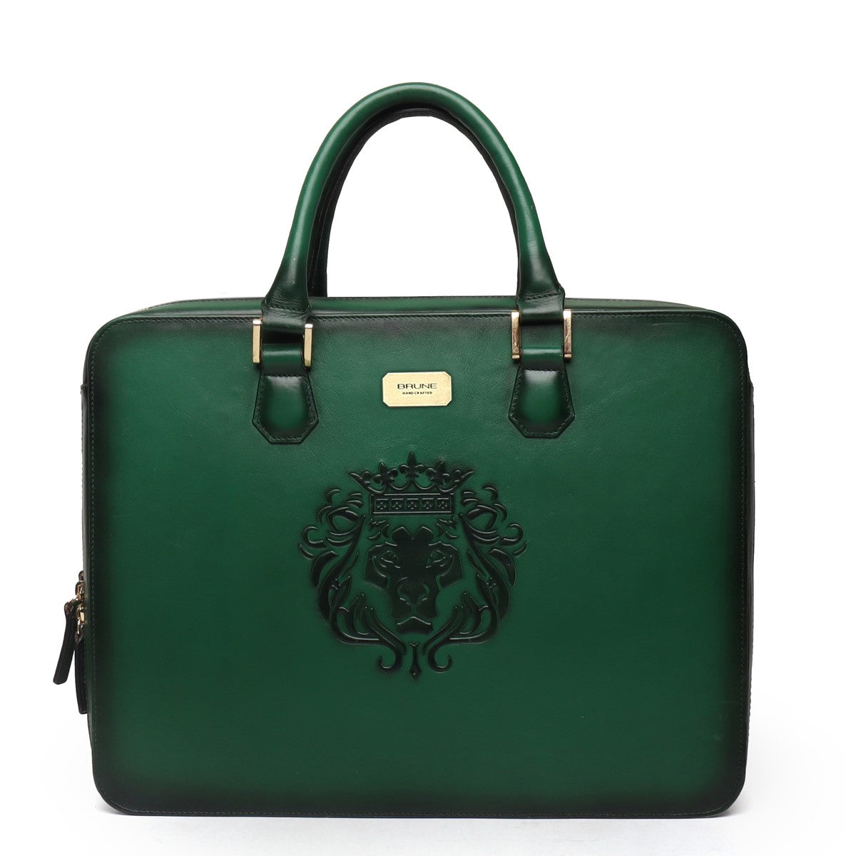 Green Leather Embossed Lion Laptop Briefcase with Organizer Compartment by Brune & Bareskin