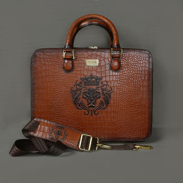 Removable Strap Embossed Lion Croco Print Tan Leather Laptop Office Briefcase With Extra Compartment by Brune & Bareskin