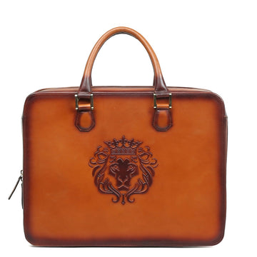 Tan Leather Embossed Lion Laptop Briefcase with Organizer Compartment by Brune & Bareskin