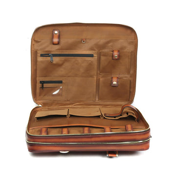 Tan Leather Embossed Lion Laptop Briefcase with Organizer Compartment by Brune & Bareskin