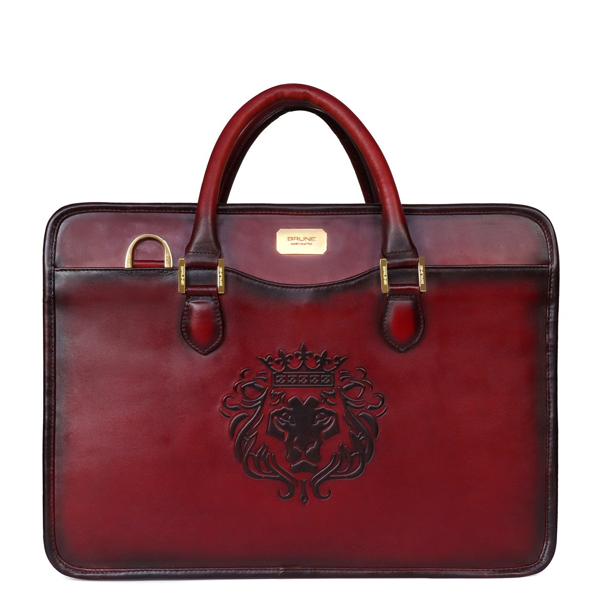 Embossed Lion Wine Leather Laptop Office Briefcase with Organizer Compartment by Brune & Bareskin