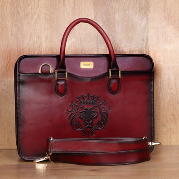 Embossed Lion Wine Leather Laptop Office Briefcase with Organizer Compartment by Brune & Bareskin