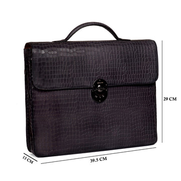 Flap Opening Secured Lock Grey Deep Cut Croco Textured Leather Office/Laptop Briefcase with Organizer Compartment by Brune & Bareskin