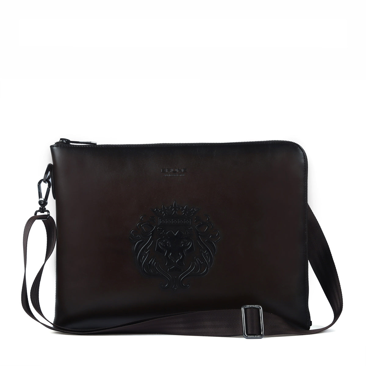 Stylish Laptop Sleeves Embossed Lion Dark Brown Messenger Bag with Zip Compartment By Brune & Bareskin
