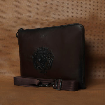 Stylish Laptop Sleeves Embossed Lion Dark Brown Messenger Bag with Zip Compartment By Brune & Bareskin