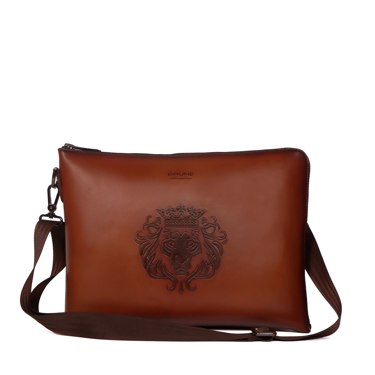 Stylish Laptop Sleeves Embossed Lion Tan Messenger Bag with Zip Compartment By Brune & Bareskin