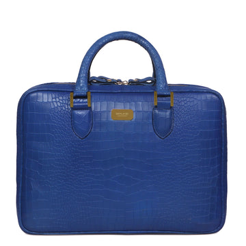 Sky Blue Leather Laptop Office Briefcase With Extra Compartment in Croco Textured Leather