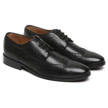Black Leather Hand Finished Full Brogue Wingtip Formal Shoes By Brune