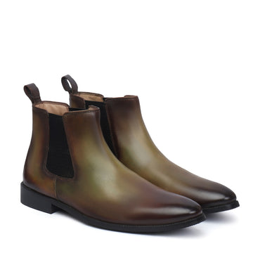 Olive Green Leather Hand Made Chelsea Boots For Men By Brune & Bareskin