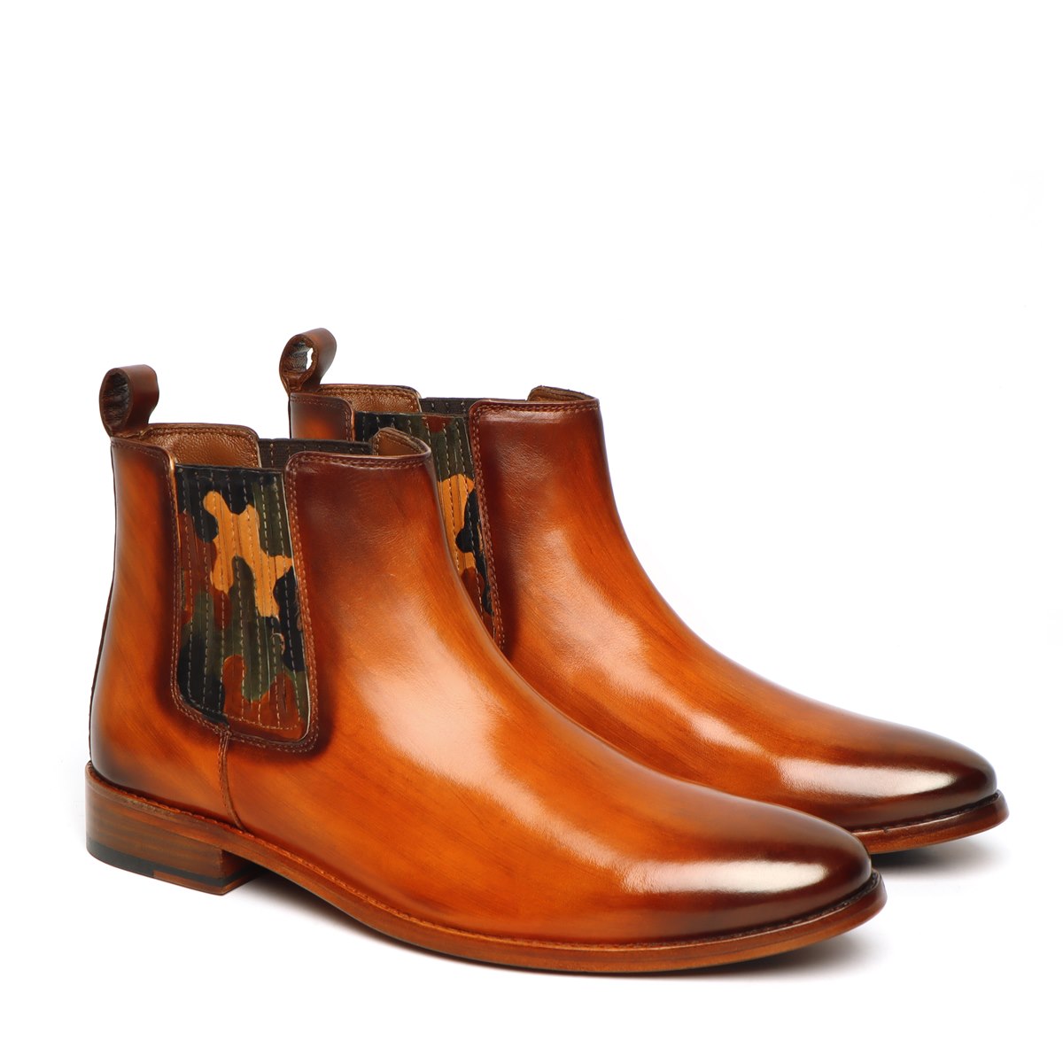 Orangish Tan Leather Camo Styled Hand Made Chelsea Boots For Men By Brune & Bareskin