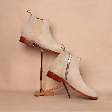 Beige Suede Leather Chelsea Boots With Side Zipper Closure Leather Sole by Brune & Bareskin