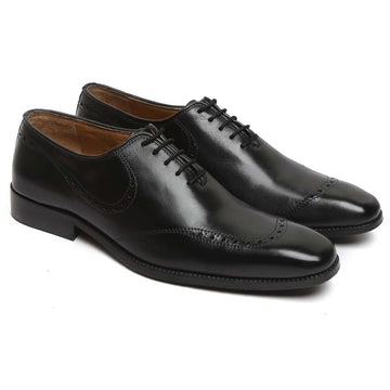Black Leather Hand Painted Quarter Brogue Formal Shoes By Brune & Bareskin