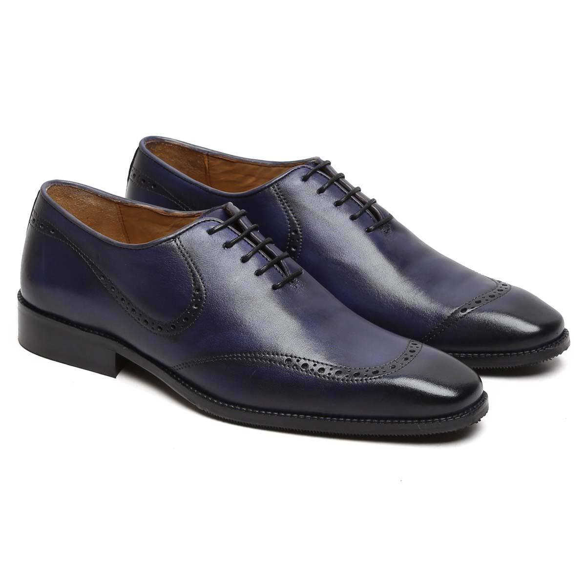 Blue Hand Painted Genuine Leather Quarter Brogue Formal Shoes By Brune