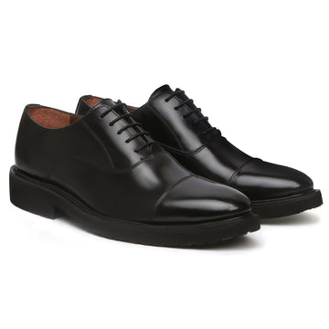 Black Cap Toe Oxford Lace-Up Formal Shoes With Leather Sole For Men By Brune & Bareskin