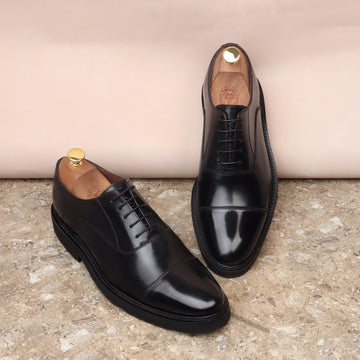 Black Cap Toe Oxford Lace-Up Formal Shoes With Leather Sole For Men By Brune & Bareskin