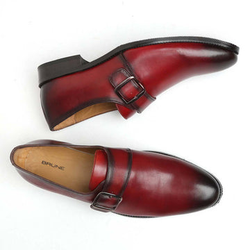 Burgundy Burnished Leather Single Monk Strap Formal Shoes By Brune & Bareskin