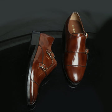 Brown Brushed Off Leather Rounded Cap Toe Double Monk Strap Formal Shoes By Brune & Bareskin