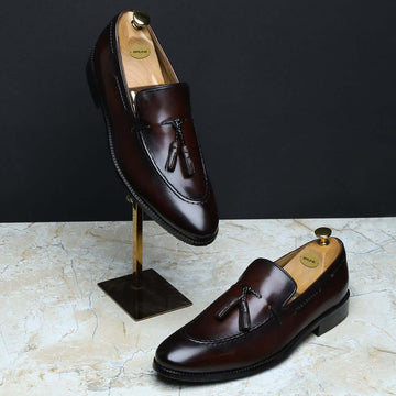 Dark Brown Loafers with Side Lacing Tassel Design in Genuine Leather By Brune & Bareskin