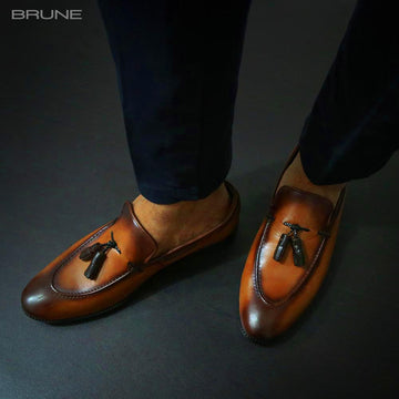 Tan Genuine Leather Loafers with Side Lacing Tassel By Brune & Bareskin