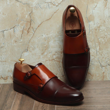 Dual Tone Brown-Tan Leather Double Monk Leather Sole Shoes By Brune & Bareskin