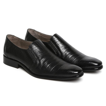 Black Croco Textured Leather Loafer Hand Made Formal Slip-On Shoes For Men By Brune & Bareskin