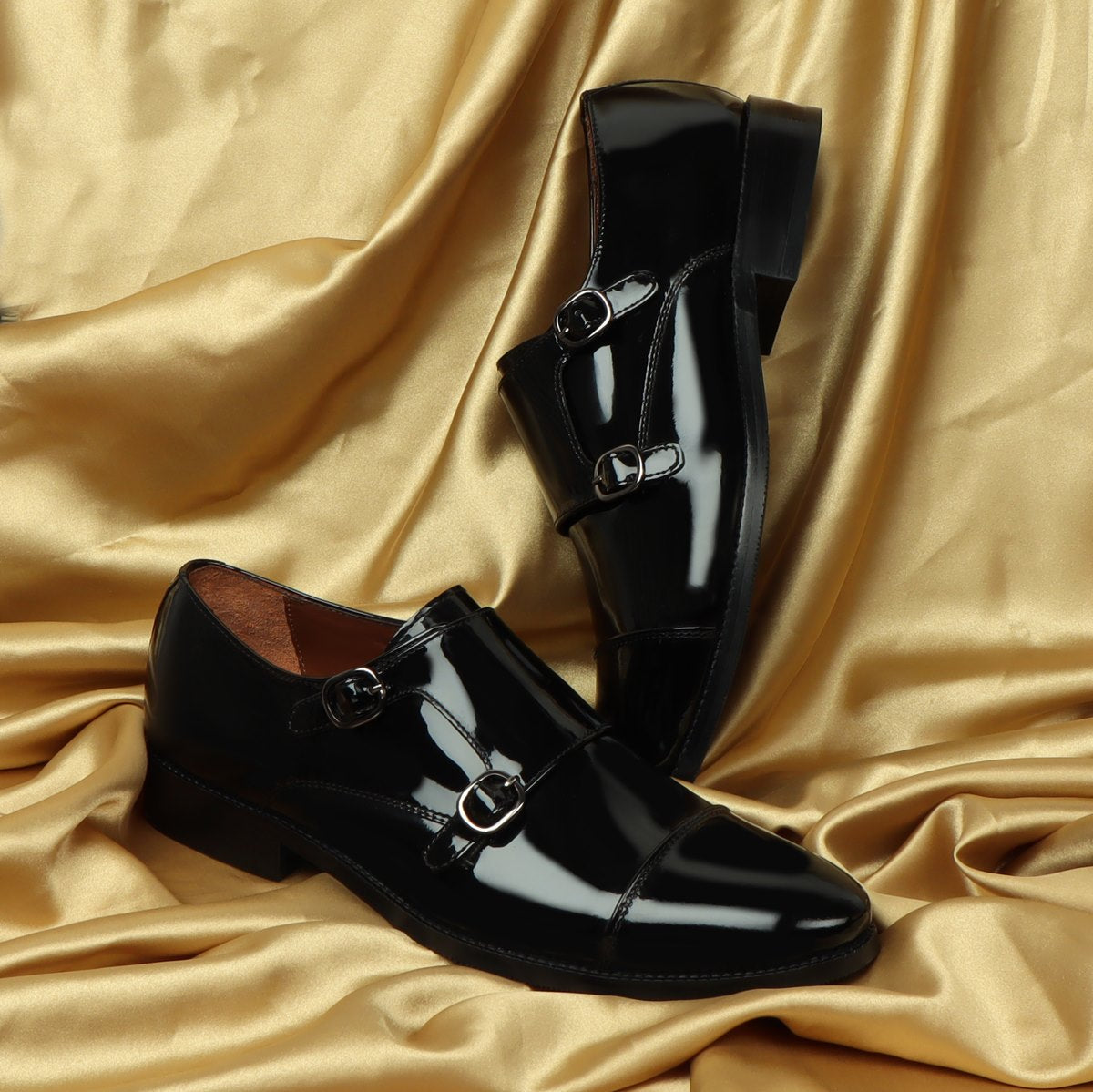 Black Patent Leather Rounded Cap Toe Double Monk Strap Formal Shoes By