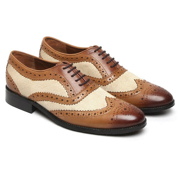 Tan Leather/Beige Denim Full Brogue Wingtip Formal Shoes By Brune