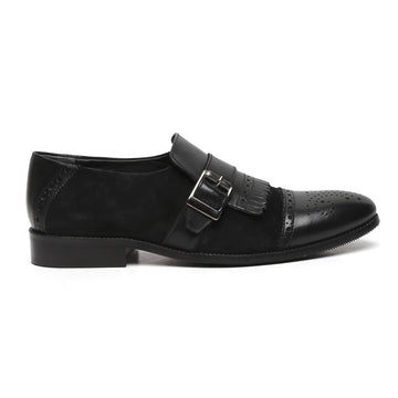 Black Brune Leather Single Monk Strap Shoe With Fringes For Men
