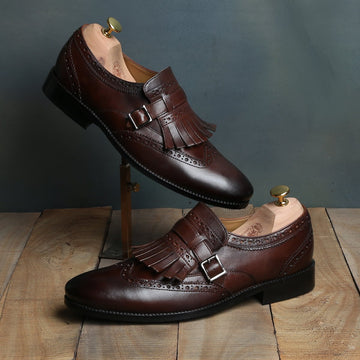 Men's Dark Brown wingtip Brogue fringes Single Monk Strap Leather Shoes By Brune & Bareskin