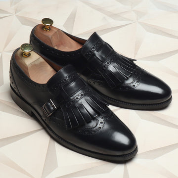 Black Leather Fringed Single Monk Strap Shoes By Brune & Bareskin