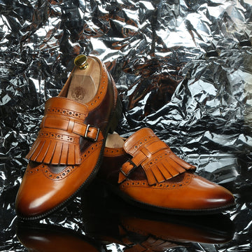 Tan/Brown Leather Fringed Single Monk Strap Shoes By Brune & Bareskin
