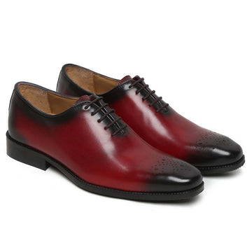 Red Burnished Leather Medallion Toe Whole Cut/One Piece Oxford Shoes By Brune & Bareskin