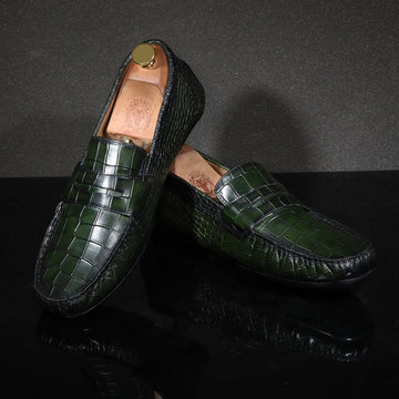 Green Stitched Strap Loafer in Deep Cut Leather