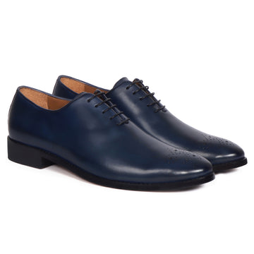 Whole Cut/One Piece Navy Blue Medallion Toe Brogue Oxford Leather Lace-Up shoes By Brune & Bareskin