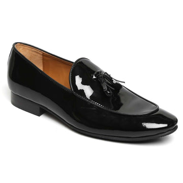 Black Patent Leather Apron Toe Tassel Slip-On Shoes By Brune & Bareskin