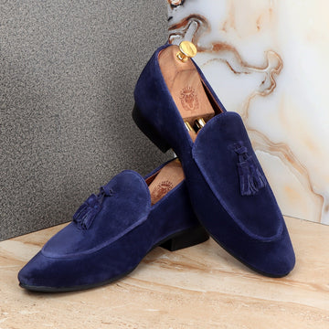 Blue Italian Velvet Apron Toe Tassel Slip-On Shoes For Men By Brune & Bareskin