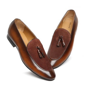 Tan Glossy/Suede Leather Apron Toe Tassel Slip-On Shoes By Brune & Bareskin