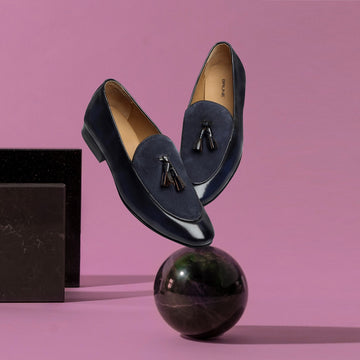 Navy Blue Glossy/Suede Leather Apron Toe Tassel Slip-On Shoes By Brune & Bareskin