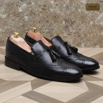 Black Side Lacing Medallion Toe Formal Tassel Slip-On Shoes By Brune & Bareskin
